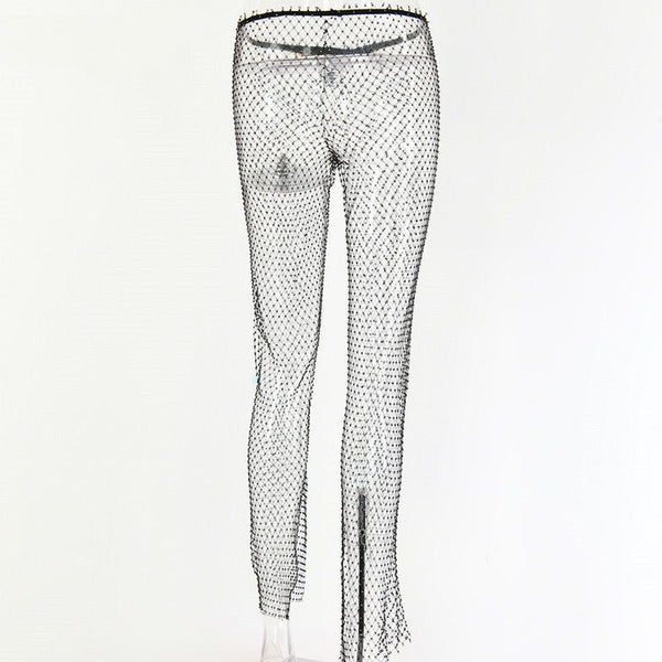 Pantaloni trasparenti a rete con diamanti di cristallo da donna
