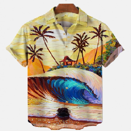 Camicie estive da uomo con palme tropicali e tramonti in 3D