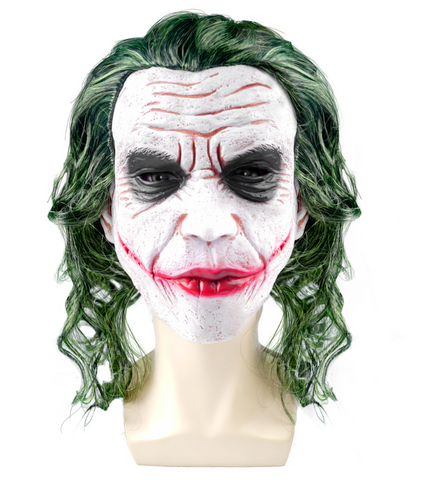 Maschera da clown Joker malvagio con capelli verdi