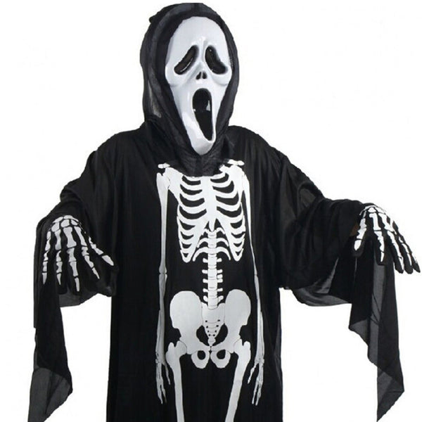 Set costume, maschera e guanti da scheletro per adulti e bambini