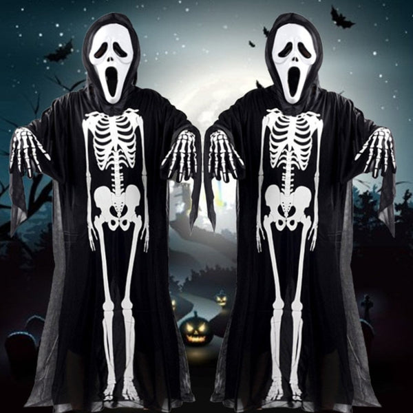 Set costume, maschera e guanti da scheletro per adulti e bambini