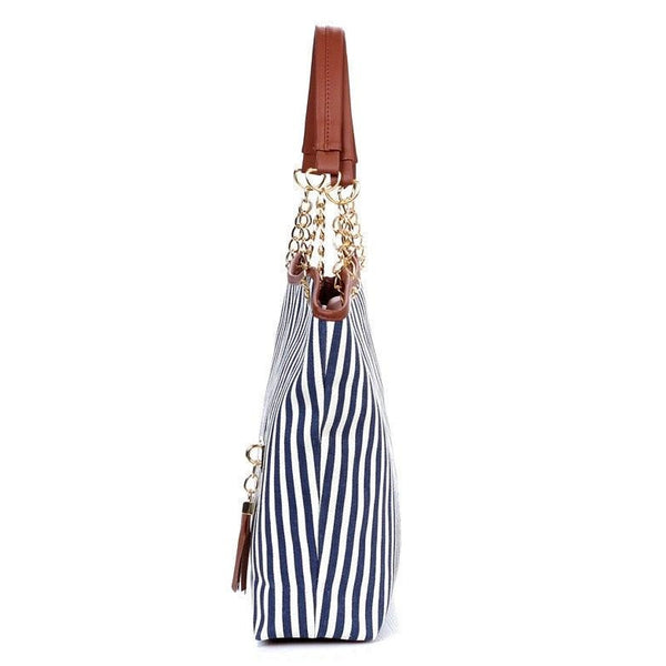 ABDB Striped Canvas Handbag Women Shoulder Bags Beach Bag Fashion Zipper Tassel Women Handbag Big Tote Bag - Vitafacile shop