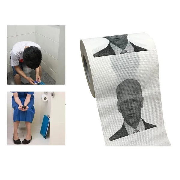Rotolo di carta igienica con il volto di Donald Trump e Joe Biden