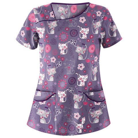 Camicia da infermiera e veterinaria con motivi animali e floreali