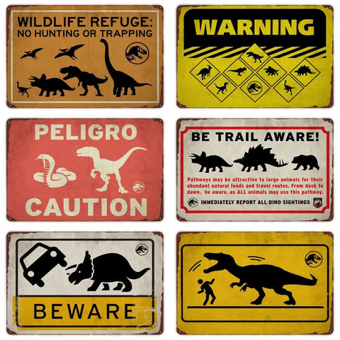 Cartelli decorativi vintage avvisi di pericolo dinosauri