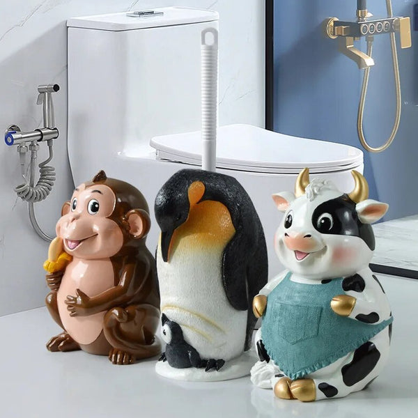 Set di scopini e portascopini a forma di scimmia, mucca e pinguino per la pulizia wc