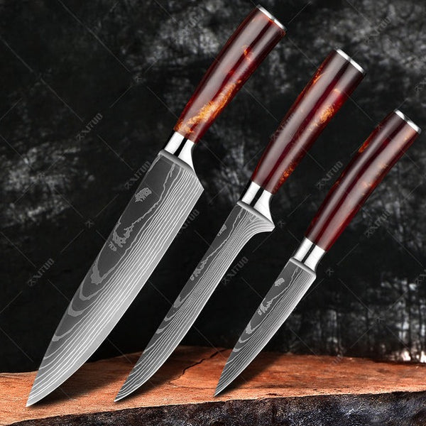 Set di coltelli da cucina giapponesi professionali con lama damascata