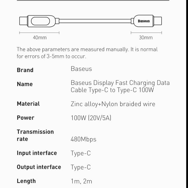 Cavo di ricarica rapida di Tipo C 20V-100W - Cavo USB 5A con display