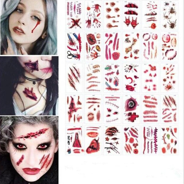 30pcs/pack Halloween Tattoo Stickers Simulation Horror Bleeding Suture Scars Stickers DIY Halloween Decoration Party Supplies-S - Vitafacile shop