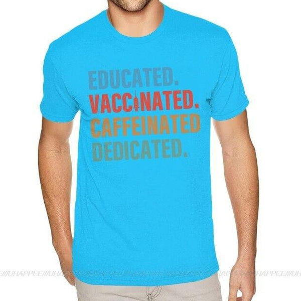 T-Shirt Educated Vaccinated Caffeinated Dedicated cotone - Vitafacile shop