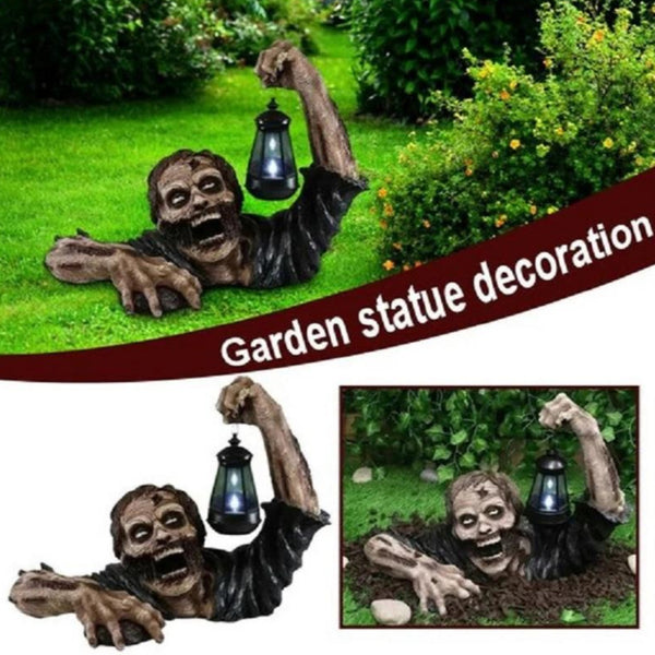 Statuetta zombie post-apocalittica da giardino con lanterna per Halloween
